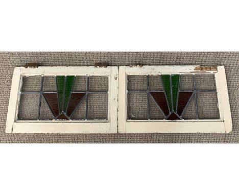 TWO STAINED GLASS WINDOW PANELS, leaded Art Deco fan detail, 35.5cms (h), 58cms (w), 5cms (d)Provenance: private collection C