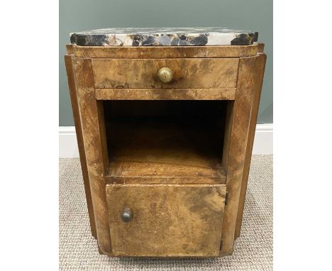 ART DECO WALNUT BEDSIDE CABINET with shaped multi-coloured marble-top, single frieze drawer, central open shelf, lower cupboa