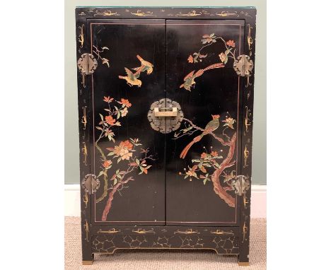 JAPANESE TWO DOOR SIDE CABINET, black lacquered, carved painted/lacquered bird and floral detail, fancy round brass hinges, o