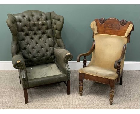 TWO VINTAGE ARMCHAIRS, comprising Victorian mahogany example, shaped crest rail, turned roundel detail, upholstered stub wing