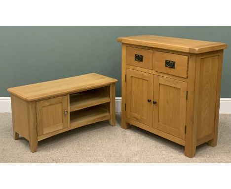 TWO ITEMS MODERN OAK FURNITURE, comprising two drawer, two door small sideboard, cleated end top, stylish pull handles and kn