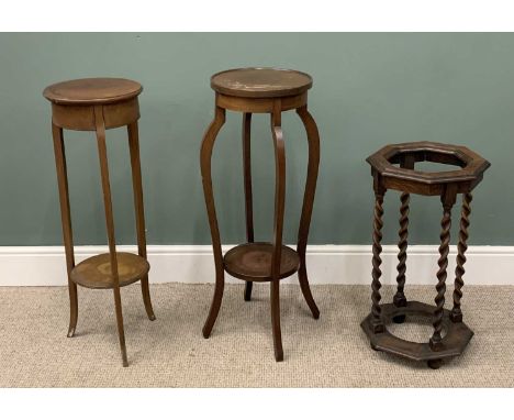 THREE EARLY 20TH CENTURY STANDS, comprising oak octagonal top barley twist stick stand, no tray, 68cms (h), 36 x 36cms top, 2