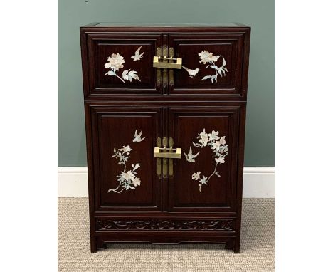 CHINESE HARDWOOD SIDE CABINET, 20th Century, mother of pearl floral and bird inlaid details, inset glass top protector, two u