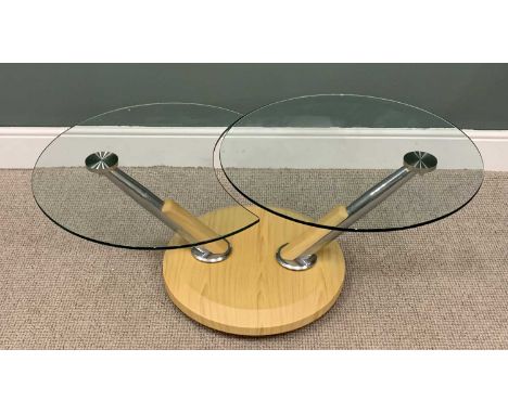 MODERN METAMORPHIC COFFEE TABLE, sweep movement circular glass top, chrome and lightwood supports, circular lightwood base, 4