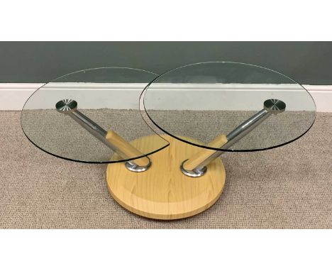 MODERN METAMORPHIC COFFEE TABLE, sweep movement circular glass top, chrome and lightwood supports, circular lightwood base, 4