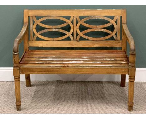 HARTMAN LABEL TEAK GARDEN BENCH, entwined ring back detail, swept arms, slatted seat, turned and block supports, 89cms (h), 1