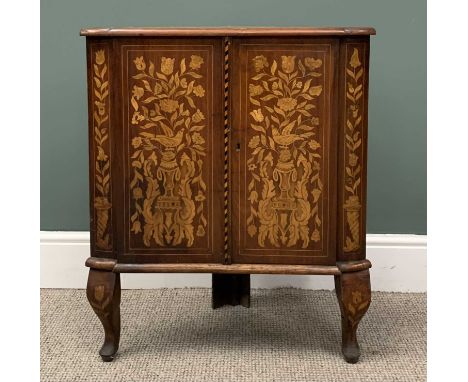 REPRODUCTION DUTCH-STYLE OAK MARQUETRY INLAID STANDING CORNER CUPBOARD, profuse inlaid decoration, urn and floral detail top,