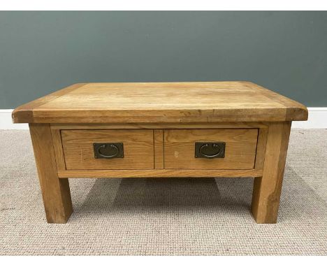 MODERN OAK COFFEE TABLE, 4.5cms thick top, cleated ends, single lower drawer, stylised metal ring handles, square supports, 4