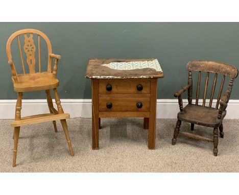 CHILD'S VINTAGE & LATER FURNITURE (3), comprising light wood side table, twin drawers, turned ebonised wooden knobs, square s