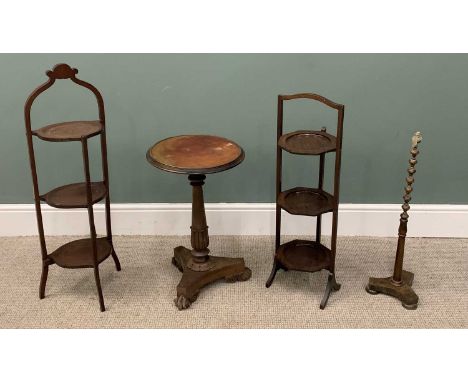 FOUR VICTORIAN & LATER TABLES/STANDS, comprising mahogany side table, circular top, brown gilt tooled leather insert, turned 