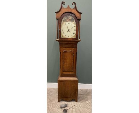 ANTIQUE OAK & MAHOGANY LONGCASE CLOCK circa 1840, arched top painted dial, Roman numerals, subsidiary seconds dial, single we