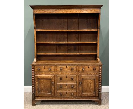 NORTH WALES ANGLESEY OAK & PINE DRESSER circa 1830, wide back boarded three shelf rack, three plank base top, three opening f