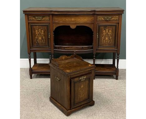 EDWARDIAN INLAID ROSEWOOD FURNITURE two items comprising a side cabinet base, bow fronted centre, galleried open shelf, twin 