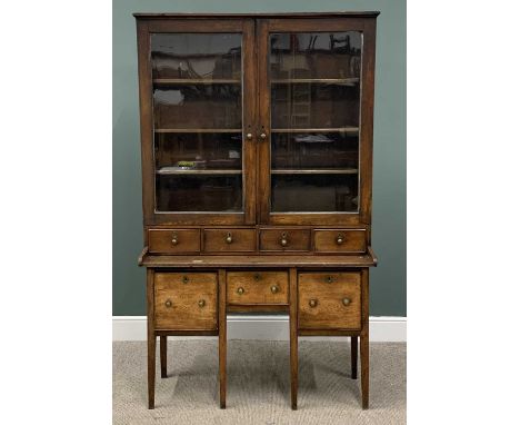 VINTAGE OAK GLASS TOP DRESSER & WALL MOUNTED FOUR-SHELF RACK, twin upper glazed doors, interior adjustable and fixed shelving