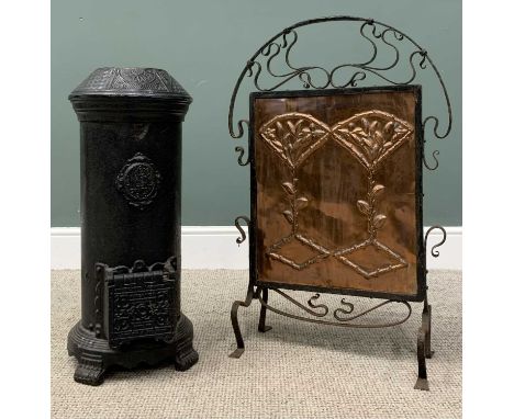 CAST IRON CYLINDRICAL STOVE & AN ARTS & CRAFTS STYLE FIRESCREEN, wrought iron and copper firescreen, 'Musgrave's Patent Londo
