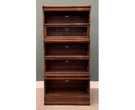 GLOBE WERNICKE MAHOGANY FIVE SECTION STACKING BOOKCASE, top cap, base section, glazed lift sliding doors, metal knobs, interi
