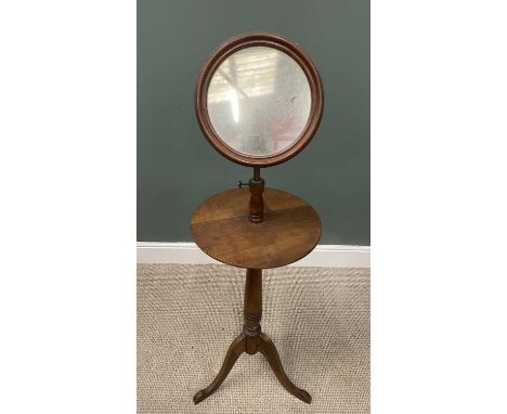 OAK SHAVING STAND circa 1900, 29cms framed mirror, adjustable brass rod, circular top, turned pedestal tripod base, 140cms (h