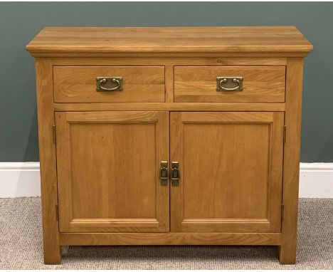 MODERN LIGHT OAK SMALL SIDEBOARD with two drawers, two cupboard doors, stylish metal pull handles, stile feet, 86cms (h), 100