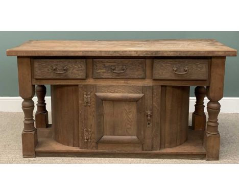 SUBSTANTIAL VINTAGE OAK SERVING SIDEBOARD, 4.5cms thick top, three frieze drawers, central panel cupboard door, curved base e