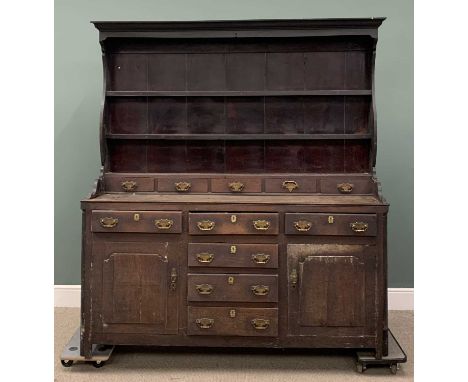 NORTH WALES CONWY VALLEY OAK DRESSER circa 1780, pot belly shape three shelf rack, wide backboards, five opening spice drawer