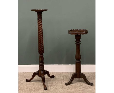 TWO MAHOGANY TORCHERE STANDS, Victorian Gothic style tray top example, turned and fluted column, tripod base, 98cms (h), 33cm