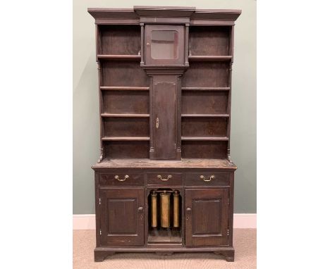 VICTORIAN OAK & PINE CLOCK DRESSER circa 1850, central upper removable hood clock section, lower shaped top trunk door, quart