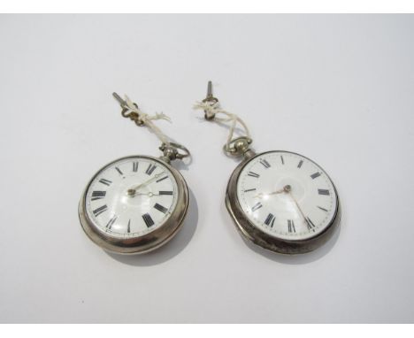 Two late 18th/early 19th Century silver pair cased English fusee pocket watches with Roman enamelled dials. 