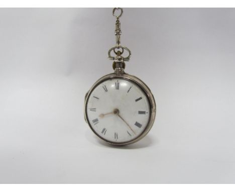 A 19th Century silver pair cased pocket watch with Roman enamel dial, chain fusee movement with verge escapement along with s