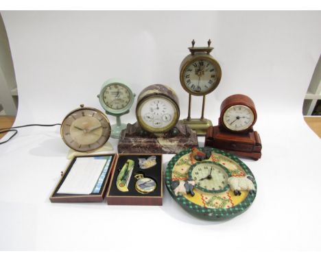 A box of assorted timepieces including interesting year going metal marble effect mantel clock with 4 dials to face, time mon