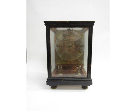 A converted triple fusee movement mantel clock, striking on five gongs, with perspex Roman numeral face in ebonised glass cas