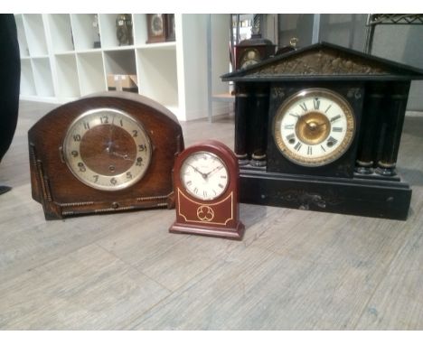 A slate architectural form mantel clock (a/f), mahogany cased mantel clock, Metamec mantel clock (3) 