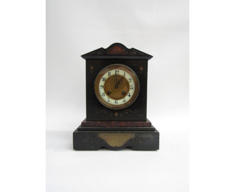 An Edwardian slate mantel clock with brass presentation plaque to "Miss Marion Isabel Hall on their wedding day Dec. 21st 188