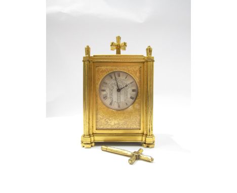 An unusual late 18th/early 19th Century gilt-cased carriage timepiece with engine turned silvered Roman dial and engraved bra