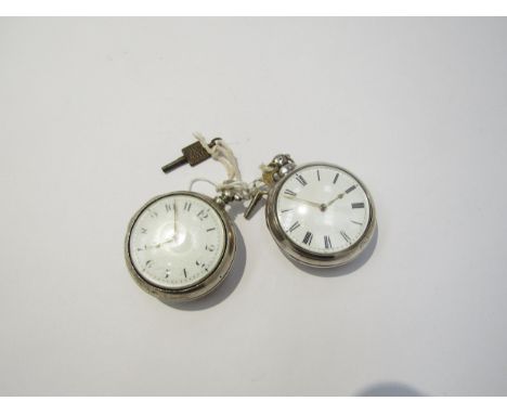 Two late 18th/early 19th Century silver pair cased English fusee pocket watches with Roman and Arabic enamelled dials with ke