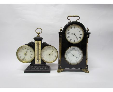 Two late 19th Century French barometer/timepieces in ebonised and cast iron frames, both with enamelled Roman dials and Frenc