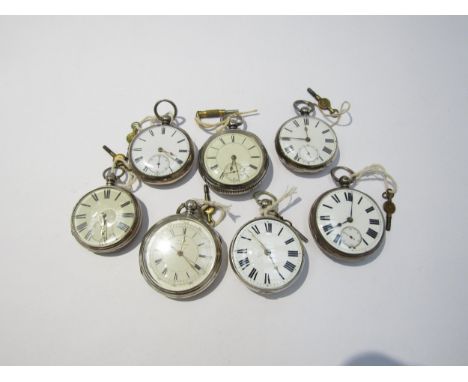 Seven 19th Century English silver cased pocket watches including fusee and chronograph 