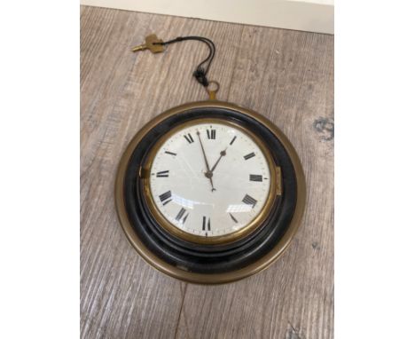 A Georgian wall hanging small dial clock with 11.5 cm diameter face, the intricate movement with chain mechanism, slow fast a