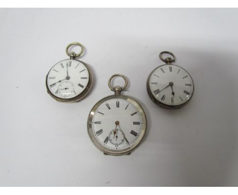 Three varying size pocket watches including silver cased London 1852, 1860 and one marked 800. Face to one cracked, largest 4