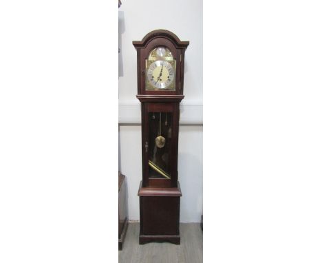 A reproduction mahogany cased Westminster chime Grandmother clock with pendulum and two weights, 139cm tall 