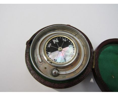 A leather cased compass/hydrometer and stopwatch with mother of pearl compass face and barometer 