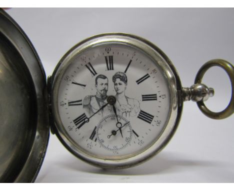 A Russian silver pocket watch awarded to Russian rifle shooters with Tsar Nicholas and Feodorovna depcition to dial. White di