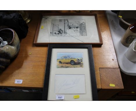 A black and white Giles print, signed "with best wishes"; a coloured print of a Ford Escort bearing Graham Hill signature