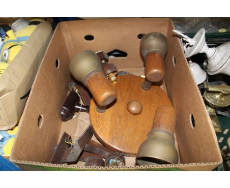 A box containing a wooden ceiling light fitting; various wall lights