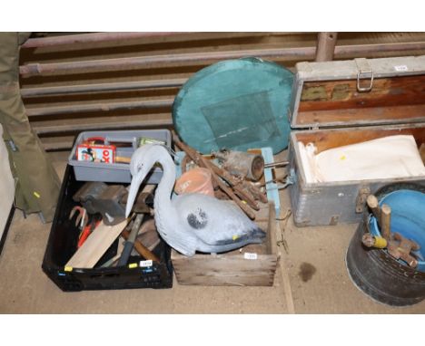 A plastic heron, blow lamp and wooden plane etc. 