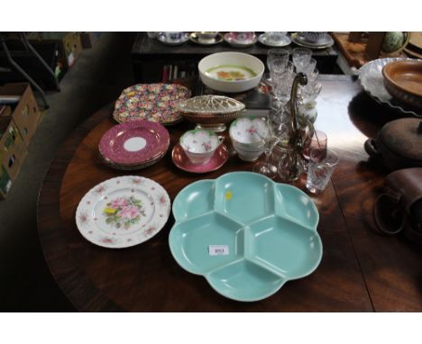 A collection of various glassware; decorative china to include Poole pottery dish