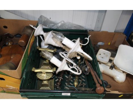 A box containing silver plated candle sticks; three branch chandelier; fire irons etc