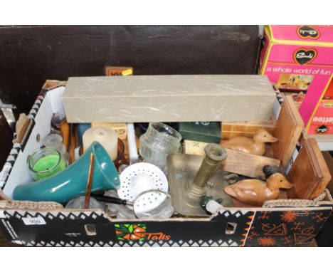 A box containing a pair of bookends; brass chamber stick etc