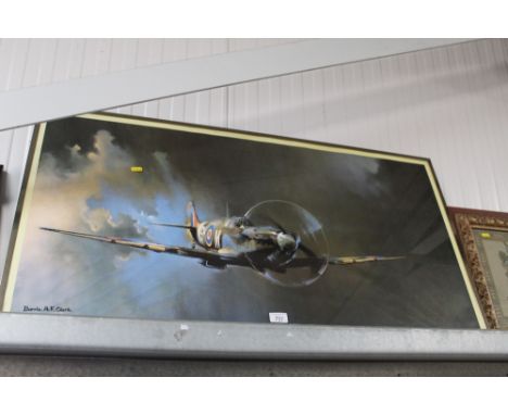 A coloured print of a Spitfire after Barrie A F Clark