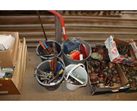 Four pails to include a galvanised swing handled pail, and contents of various ring spanners, screwdrivers, files, enamel cha