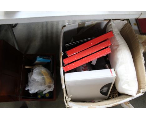 A box of various sundries to include scales; a cushion; biscuit tin; Christmas decorations etc and a wooden box containing di